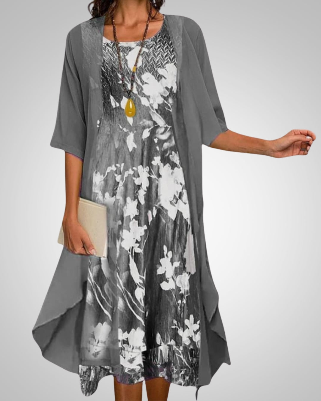 Elvira | Women's Printed Boho Midi Dress With Cardigan Set
