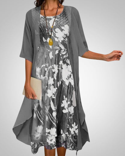 Elvira | Women's Printed Boho Midi Dress With Cardigan Set