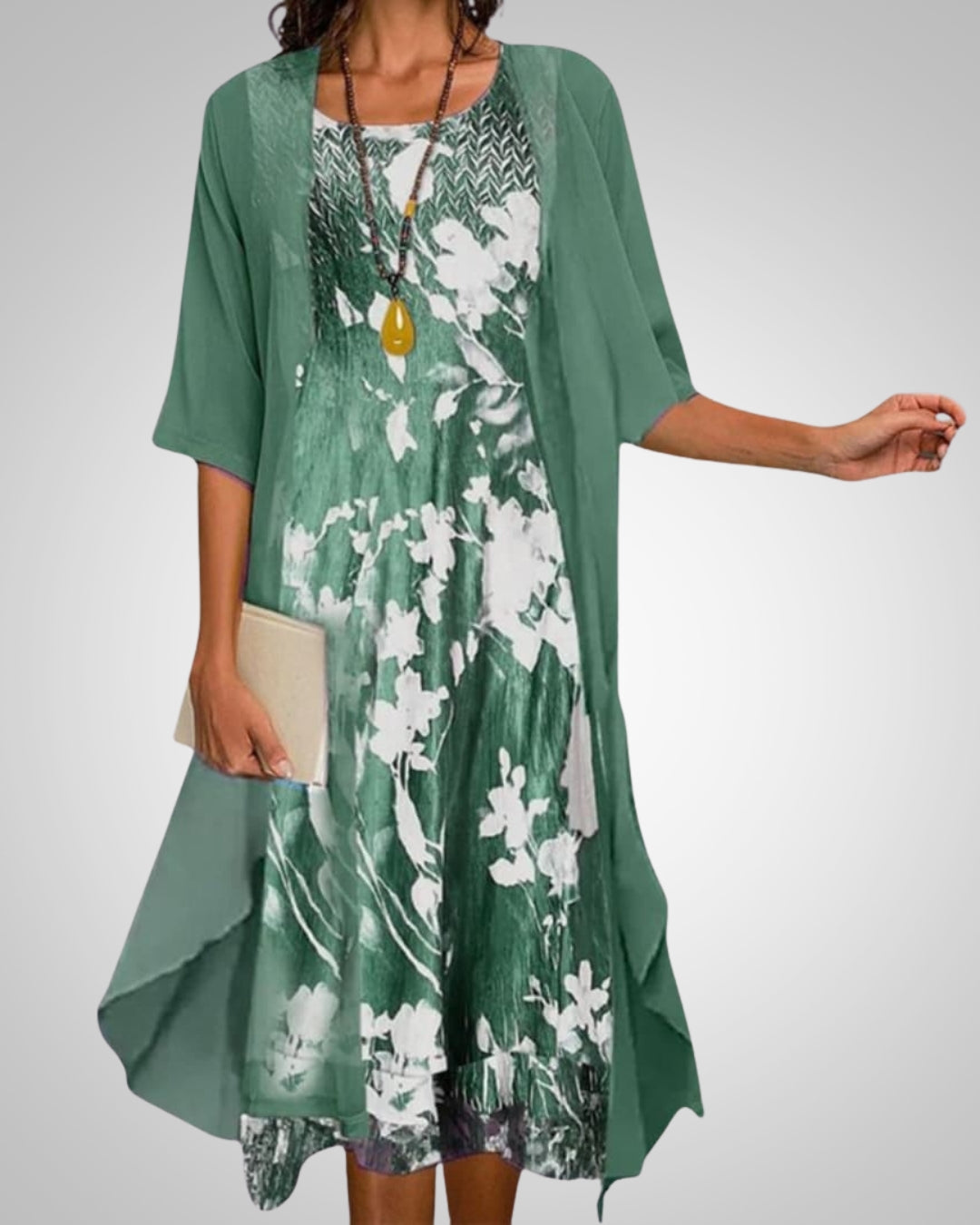 Elvira | Women's Printed Boho Midi Dress With Cardigan Set