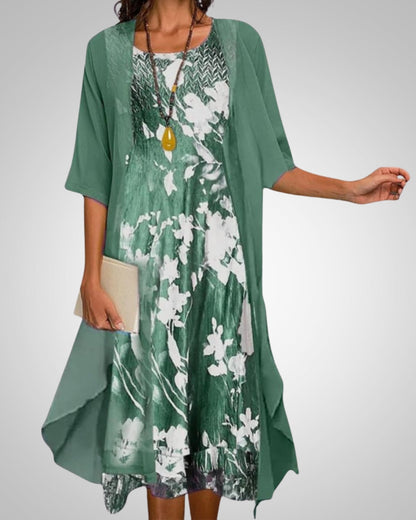 Elvira | Women's Printed Boho Midi Dress With Cardigan Set