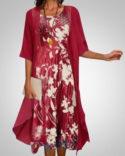 Elvira | Women's Printed Boho Midi Dress With Cardigan Set