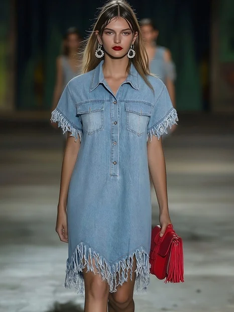 Alison | Women's Casual Fringed Denim Shirt Dress