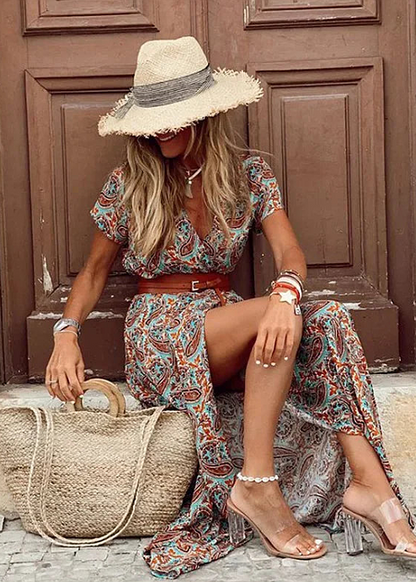 Lina | Women's Summer Casual Belted Paisley Maxi Dress