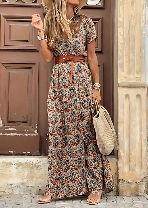Lina | Women's Summer Casual Belted Paisley Maxi Dress
