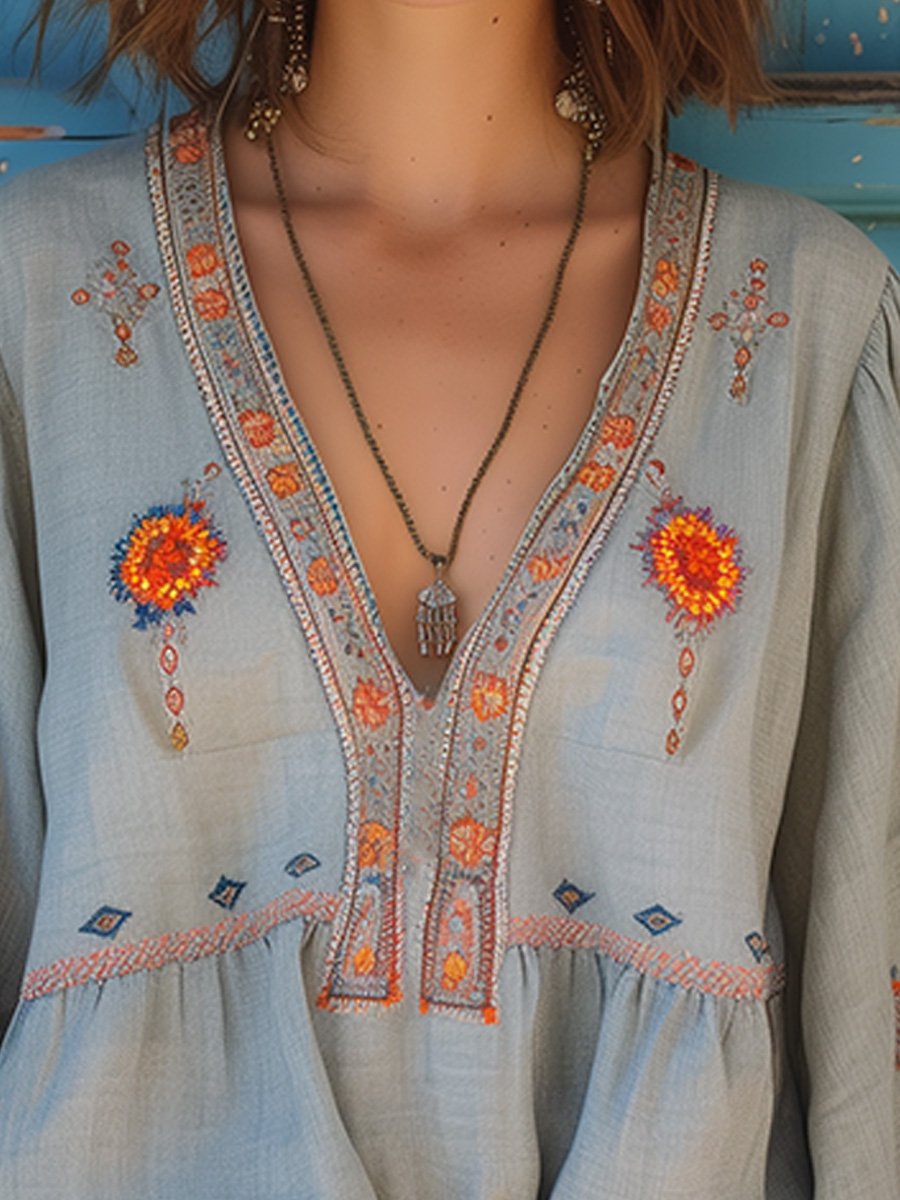 Joanne | Women's Embroidered Boho V-Neck Blouse