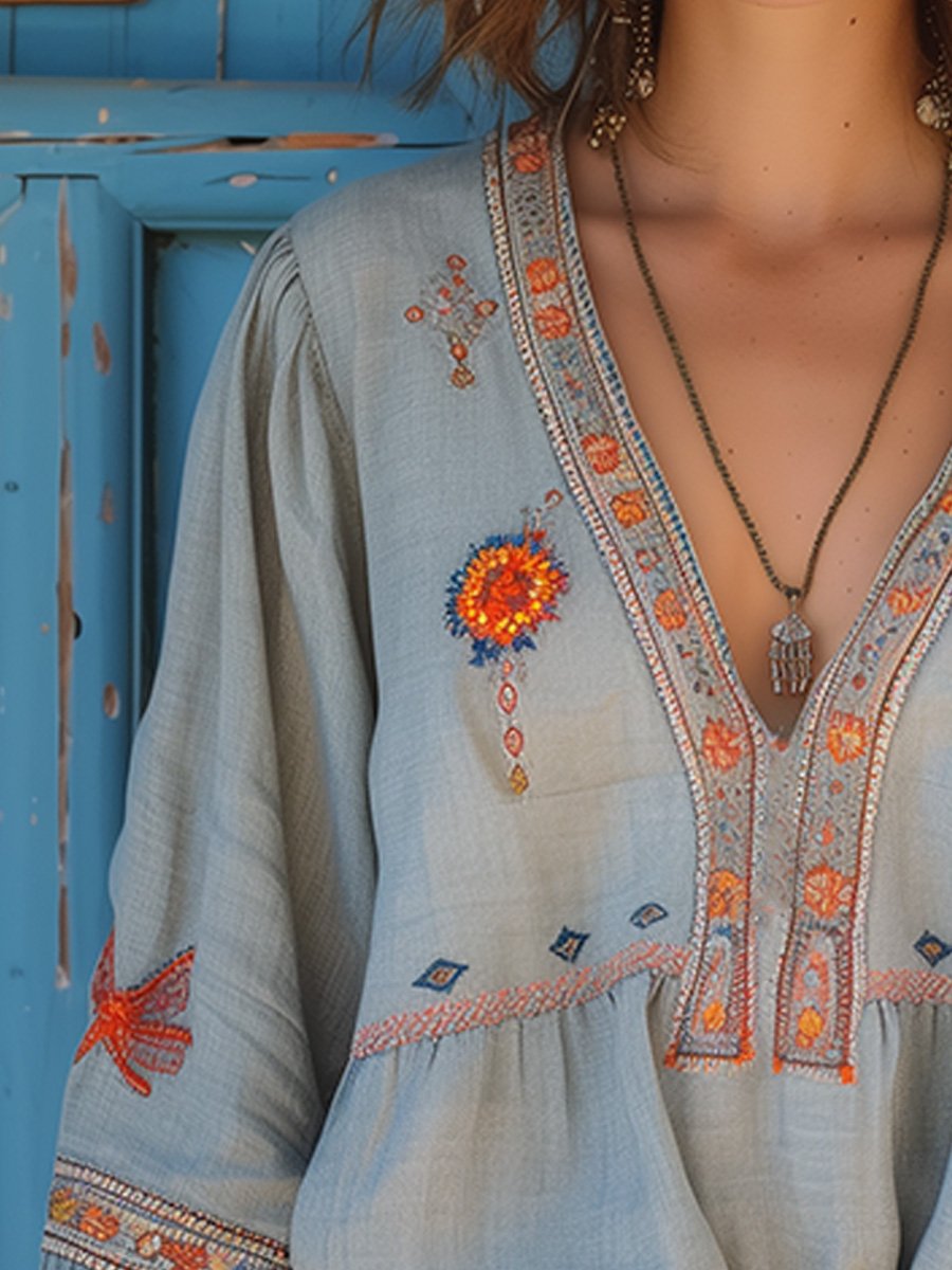 Joanne | Women's Embroidered Boho V-Neck Blouse