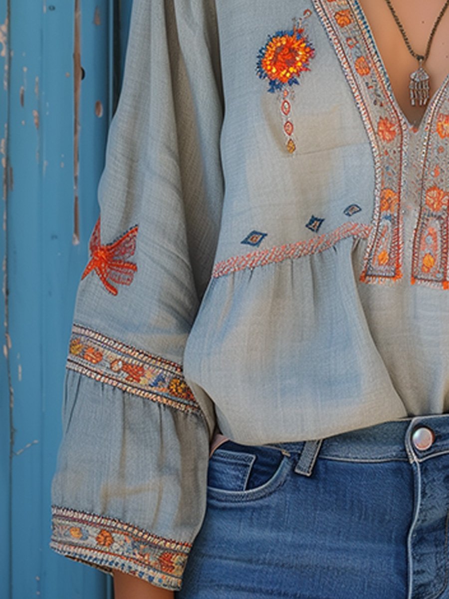 Joanne | Women's Embroidered Boho V-Neck Blouse