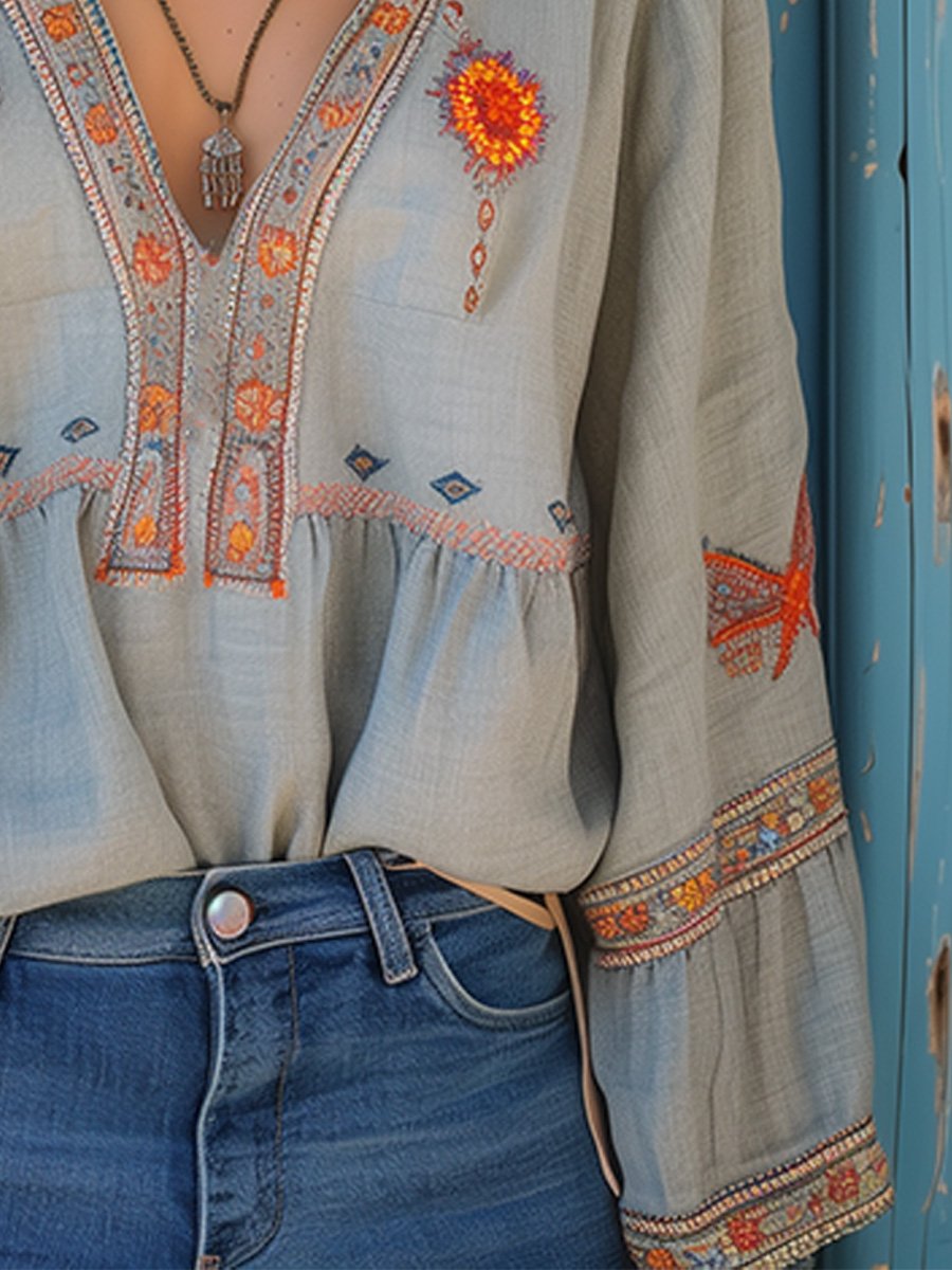 Joanne | Women's Embroidered Boho V-Neck Blouse