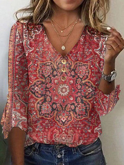 Karen | Women's Bohemian Printed V-Neck Blouse
