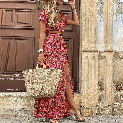 Lina | Women's Summer Casual Belted Paisley Maxi Dress