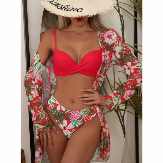 Summer | Women's Tropical Twist-Front Three-Piece Bikini Set