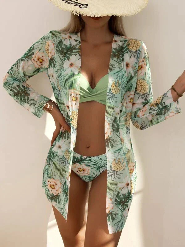 Summer | Women's Tropical Twist-Front Three-Piece Bikini Set