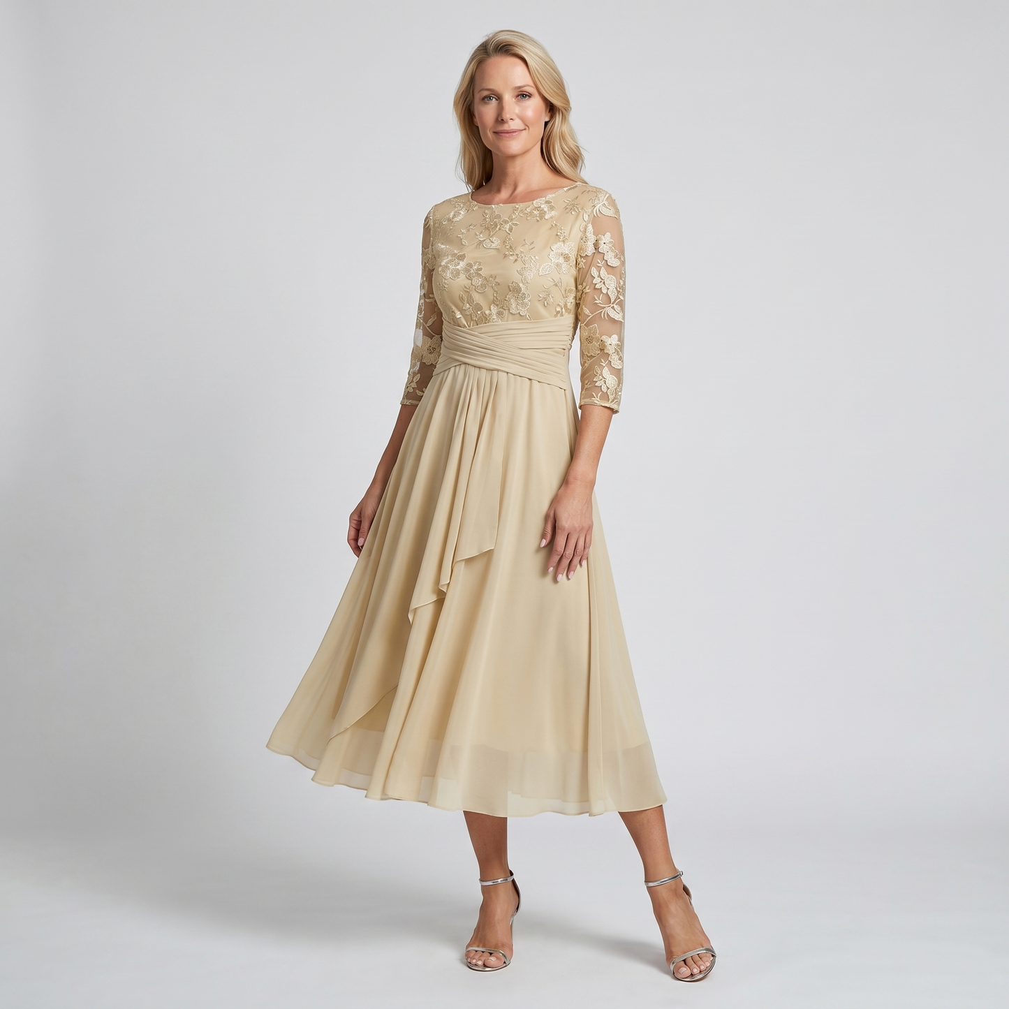 Gemma | Women's Embroidered Lace Chiffon Midi Dress